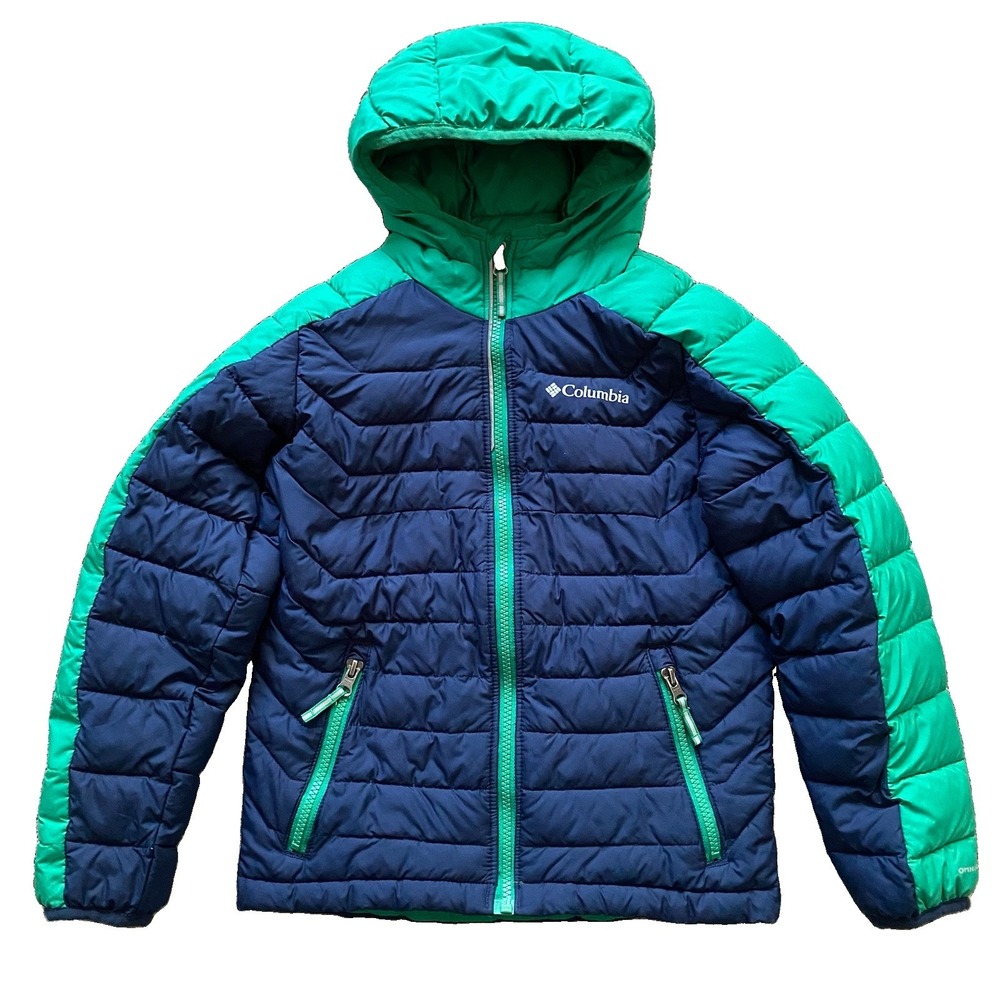 Columbia Puffer Hooded Jacket Insulated Kids Size S/8 Green Navy Fall Winter